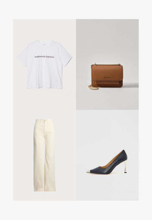 Hvit bomull t-skjorte med korte ermer og rund hals. Svart tekst står det "Inoffensively Expensive" på forsiden. Enkelt design.; Polo Ralph Lauren COTTON CORDUROY WIDE-LEG PANT - Bukse - warm white; Marineblå høyhælte skinnsko med spiss tå, som har en sølvfarget metallhatt og en blank sølvfarget stiletthæl.; Brun teksturert lær crossover-veske med gullkjede-stropp og klaffelukking. Fronten har logo-detalj og en lomme under klaffen.