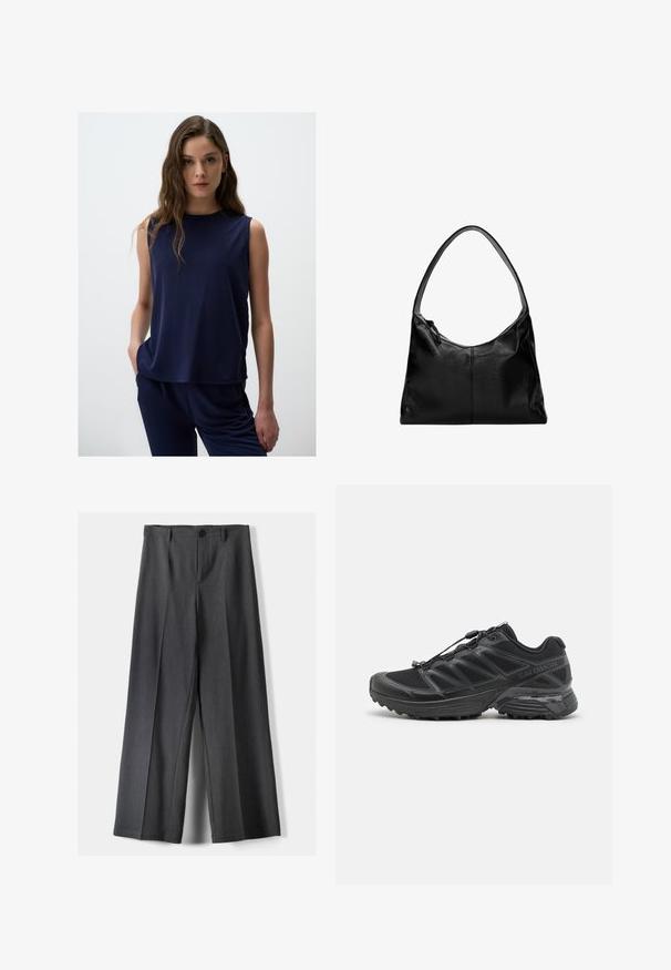 Jimmy Key - Top; Spodnie o szerokich nogawkach w ciemnoszarym kolorze, z zapięciem na guzik, plisami z przodu i szlufkami na pasek. Gładka faktura z dopasowanym krojem.; Czarny but biegowy z siateczkowym i syntetycznym wierzchem, elastyczną podeszwą oraz elastycznymi sznurówkami. Oferuje amortyzującą podeszwę środkową dla komfortu.; Czarna skórzana torba na ramię o gładkiej fakturze, zaokrąglonym wierzchu i pojedynczym pasku. Posiada zamek błyskawiczny i minimalistyczny design.
