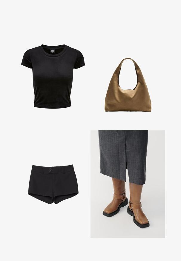 Sort, kortærmet crop top lavet af blød, fløjlsagtig stof. Har en klassisk rund halsudskæring og et simpelt design uden mønstre eller pynt.; Sorte shorts lavet af stof med en glat tekstur. Har en talje, to frontlommer og to sorte knaplukninger foran.; Brune læder knæhøje støvler med firkantet tå, sort gummisål og justerbar spænde-detalje. Båret med en grå stribet nederdel.; Brun stof skuldertaske med en bred, rundet krop og et stort udsnit håndtag. Blød tekstur, minimalistisk design og ingen synlig hardware.