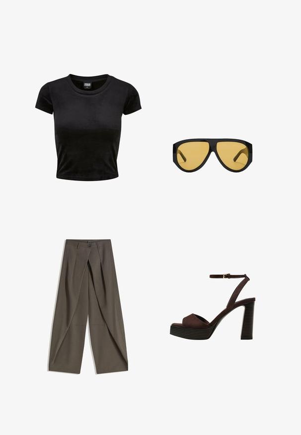 Čierny krátky rukáv crop top vyrobený z mäkkej, zamatovej látky. Má klasický okrúhly výstrih a jednoduchý dizajn bez akýchkoľvek vzorov alebo akcentov.; Široké nohavice vyrobené z textúrovaného tmavošedého materiálu. Majú predný záhyb, zapínanie na gombík a bočné vrecká pre praktickosť.; Hnedé semišové sandále na vysokom podpätku s otvorenou špičkou, nastaviteľným členkovým remienkom a pruhovanou platformovou podrážkou.; Slnečné okuliare s elegantným čiernym plastovým rámom a žltými tónovanými sklami, s výrazným uhlovým tvarom a širokými spánkami pre zvýšenú ochranu.