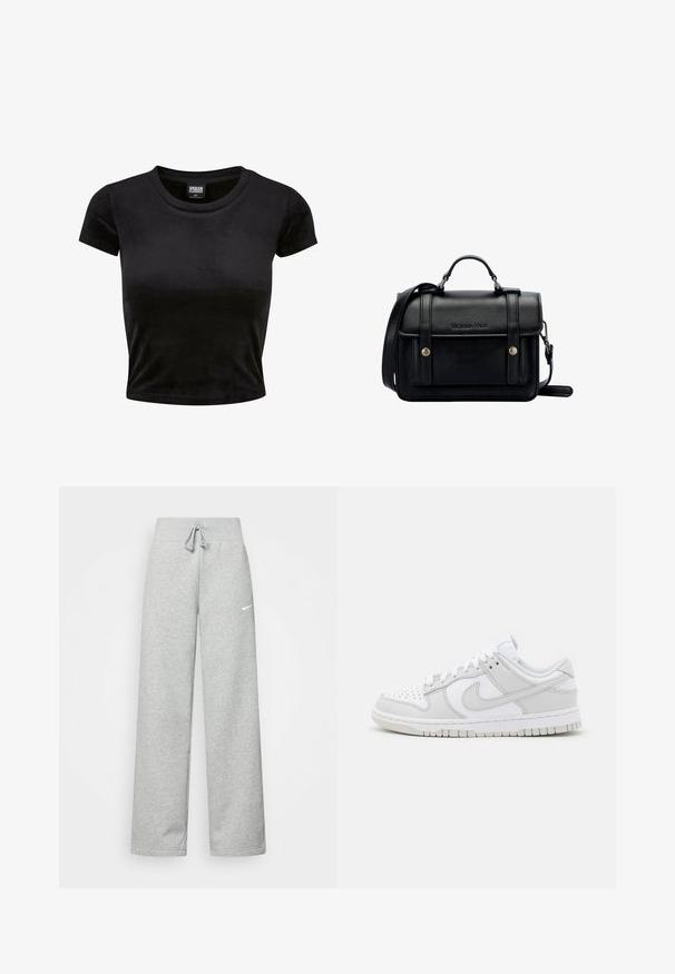 Černý krátký rukáv crop top vyrobený z měkkého, sametového materiálu. Má klasický kulatý výstřih a jednoduchý design bez vzorů nebo akcentů.; Šedé tepláky s elastickým pasem, detaily se šňůrkou a malým bílým logem Nike na levém stehně. Měkká tkanina, volný střih.; Bílé kožené tenisky s šedými detaily, perforovaná špička, ploché tkaničky, polstrovaný límec a texturovaná gumová podrážka.; Černá kožená kabelka přes rameno se strukturovaným designem, vrchní rukojetí, nastavitelným popruhem, přední klopou a kovovými akcenty. Na přední straně obsahuje logo.