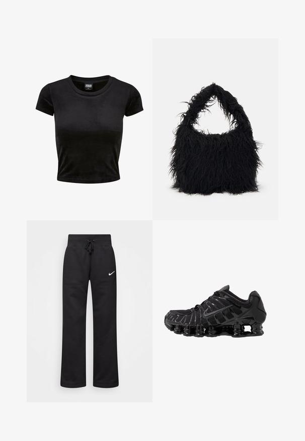 Črna kratka majica s kratkimi rokavi, izdelana iz mehkega, žametnega materiala. Ima klasičen okrogel izrez in preprost dizajn brez vzorcev ali dodatkov.; Črne trenirke iz mešanice bombaža, z elastičnim pasom na vrvico, ravnimi nogami in belim logotipom Nike na levi strani.; Črne atletske čevlje z mrežasto zgornjico in sijočimi detajli. Imajo ukrivljeno podložitev iz vzmeti in teksturirane linije na strani. Logotip Nike je viden.; Even&Odd Torba za nakupovanje - black
