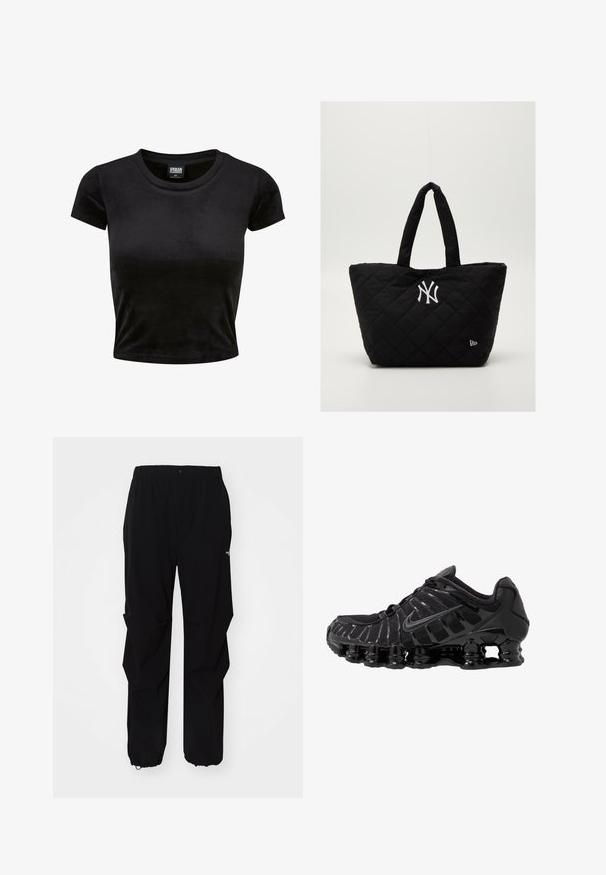 Svart kortärmad crop top i mjuk, sammetsliknande tyg. Har en klassisk rund halsringning och en enkel design utan mönster eller detaljer.; Svarta utomhusbyxor gjorda av slitstarkt material, med en avslappnad passform, elastisk midja och indragna muddar för justerbar längd.; Svart sportskor med ovandel i mesh och blanka detaljer. Har böjliga fjädrar för dämpning och texturerade linjer på sidan. Nike-logotypen är synlig.; Vadderat svart tote bag med dubbla handtag, med en vit New York Yankees-logotyp och en liten varumärkesemblem på sidan.