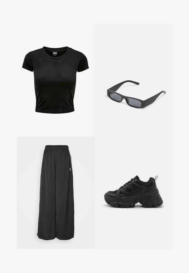 Melnā īsā piedurkņu kultūra, kas izgatavota no mīksta, samta auduma. Tam ir klasiskas apaļas izgriezuma forma un vienkārša dizaina bez jebkādiem rakstiem vai akcentiem.; Melni brīvi pieguļoši sporta bikses, kas izgatavotas no maigas auduma. Iespējas ietver elastīgu jostasvietu un sānu svītras ar logo akcentiem.; Melni sporta apavi ar teksturētu sietu augšdaļu, izliekta gumijas zole un izteikta profila raksts. Iekļautas integrētas šņorēšanas sistēmas un cilpa.; Melni taisnstūrveida saulesbrilles ar tumšiem stikliem un bieziem matētiem rāmiem. Rāmju kājas ir nedaudz sašaurinātas ar gludu tekstūru.