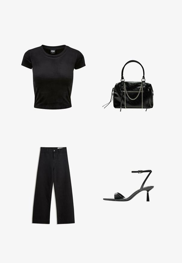 Sort, kortærmet crop top lavet af blød, fløjlsagtig stof. Har en klassisk rund halsudskæring og et simpelt design uden mønstre eller pynt.; Sorte wide-leg denim bukser med høj talje, der har front- og baglommer, syede sømme og en knaplukning. Glat tekstur.; Bershka Højhælede sandaletter / Højhælede sandaler - black; Bershka WITH CHAIN - Håndtasker - black
