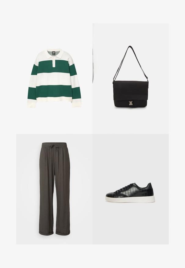 Koszulka rugby z długim rękawem w zielono-białe poziome paski, z białym kołnierzykiem i trzema guzikami przy dekolcie.; Ciemnoszare spodnie typu wide-leg z elastycznym pasem, wykonane z miękkiego, teksturowanego materiału, z podwiniętymi mankietami przy kostkach.; Czarne sneakersy z teksturowaną cholewką ze skóry z tłoczeniem w kształcie krokodyla, okrągłym noskiem oraz kontrastującą białą gumową podeszwą o gładkim wykończeniu.; Czarna torba na ramię wykonana z gładkiego materiału, z klapą na złożeniu, srebrnymi zapięciami i regulowanym paskiem na ramię.