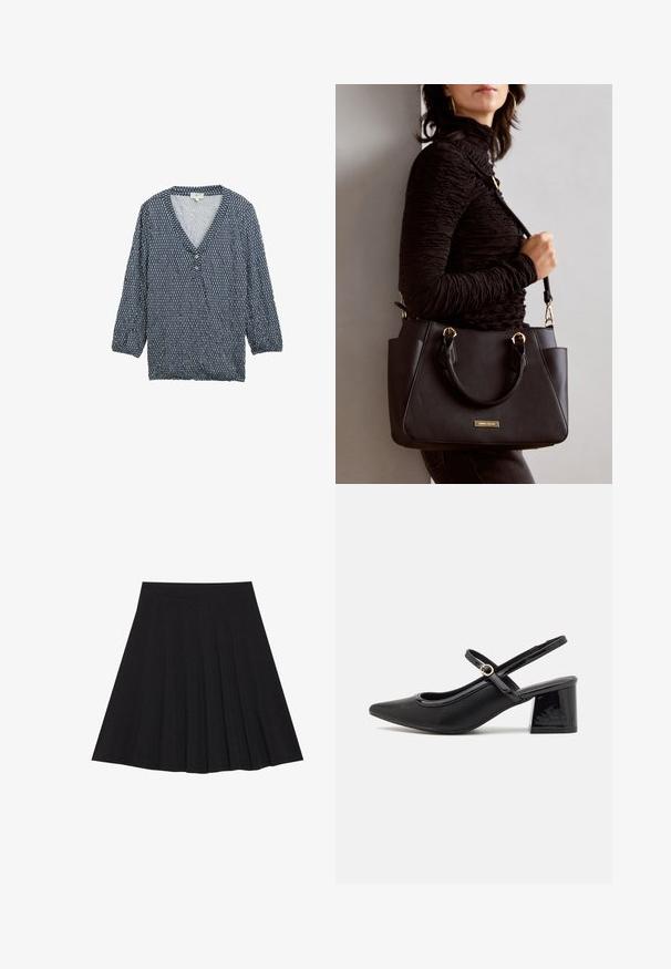 Blå mønstrede bluse med trekvartærmer, V-hals og knaplukning. Let stof med et struktureret mønster og indsnørede manchetter.; Sort plisseret nederdel lavet af struktureret stof med en tætsiddende talje. Faldende til knæ længde og har en glat, ren silhuet.; Sorte patentlæder slingback hæle med spids tå, rund udskæring og blokhæl. Har en guldtonet spændeaccents.; Sort håndtaske med struktureret overflade, dobbelt topbærere og justerbar skulderrem. Udstyret med guldfarvet metalhardware og sidelommer.