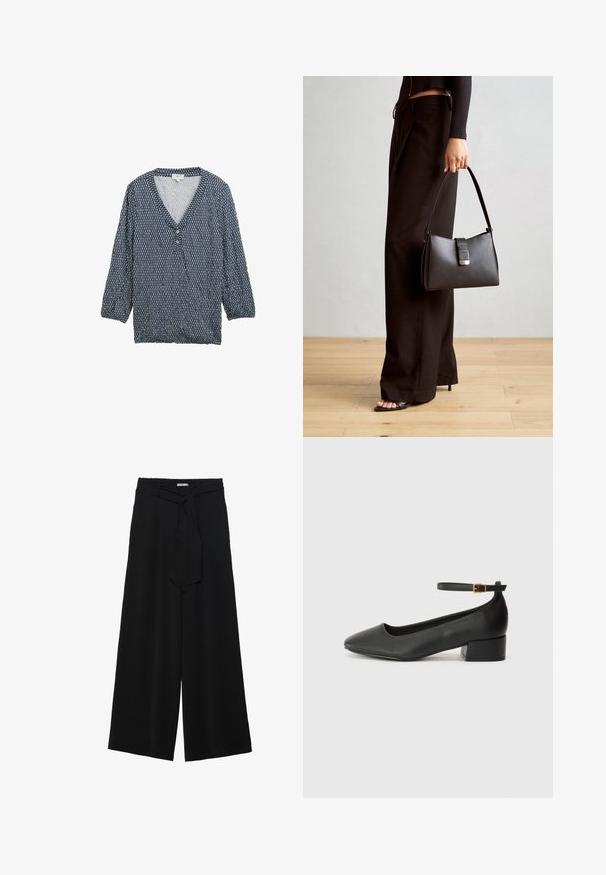 Mėlyna raštuota bluzė su trimis ketvirtadaliais rankovėmis, V formos iškirpte ir mygtukų užsegimu. Lengvas audinys su tekstūruotu raštu ir surinktomis rankovių krašteliais.; Juoda plačių kojų kelnės, pagamintos iš tekstūruoto audinio, su elastingu juosmeniu ir atsegamu diržu juosmenyje, leidžiančiu reguliuoti dydį.; Juodas odinis aukštakulnis batelis su smailiu pirštu ir žemu bloku. Su kulkšnies dirželiu su auksinės spalvos sagtimi. Lygus paviršius.; Juodas rankinė struktūrizuota forma, lygi tekstūra ir metalinis užsegimas. Suporuota su plačiomis juodomis kelnėmis ir atvirais bateliais ant medinių grindų.