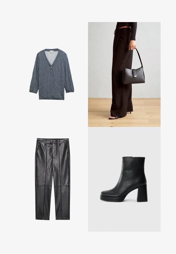 Blaue gemusterte Bluse mit Dreiviertelärmeln, V-Ausschnitt und Knopfverschluss. Leichter Stoff mit strukturiertem Muster und gerafften Manschetten.; Schwarze Lederhosen mit glatter Textur, gerader Passform, zwei Fronttaschen und sichtbaren Nahtdetails.; Schwarze Leder-Stiefelette mit Blockabsatz und Plattformsohle, seitlich auf einem schlichten weißen Hintergrund betrachtet.; Schwarze Handtasche mit strukturierter Form, glatter Textur und einem metallischen Verschluss. Kombiniert mit weiten schwarzen Hosen und offenen Sandalen auf einem Holzboden.