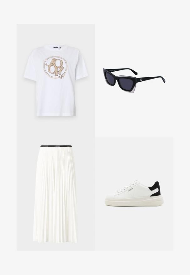 Witte T-shirt met korte mouwen en een rond logo ontwerp met lichtbruine accenten. Gemaakt van katoenen stof met een losse pasvorm.; Plisséminirok in het wit met een zwarte elastische tailleband met het "LACOSTE"-logo. Middellange ontwerp met een zachte textuur.; Witte leren sneakers met een dikke witte zool, zwarte suède hielaccent en een geperst logo op de zijkant. Vetersluiting met zes oogjes.; Zwarte oversized zonnebril met een geometrische vorm, voorzien van donkere glazen en een contrasterend grijs detail op het montuur. Logo op de arm.