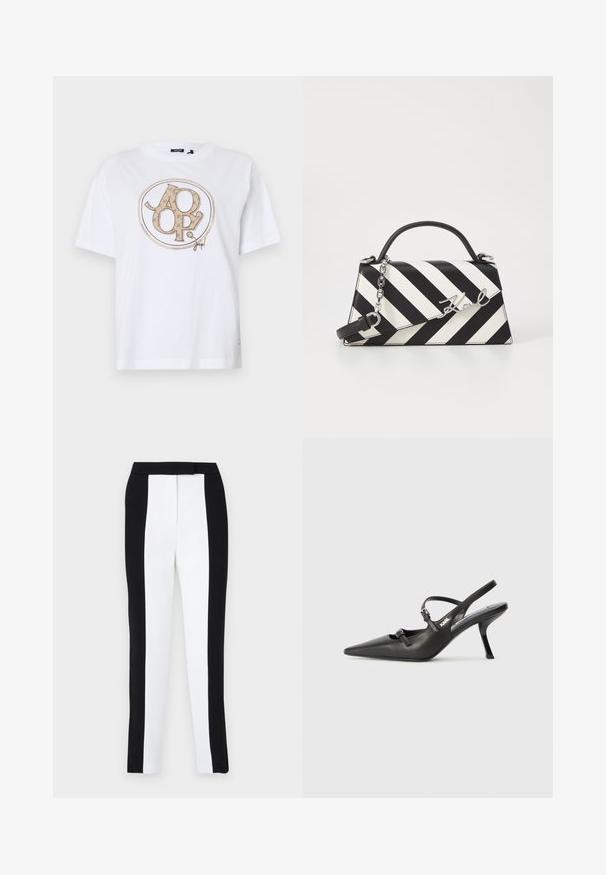 White short-sleeve t-shirt featuring a round logo design with light brown accents. Made of cotton fabric with a relaxed fit.; Black and white tapered trousers featuring a slim fit with contrasting panels. Fabric has a smooth texture; waistband is flat and fitted.; Black leather slingback heels with a pointed toe, slender heel, and decorative buckle detail on the vamp. Smooth texture and sleek design.; Black and white striped handbag with a structured shape, featuring a top handle, a detachable chain strap, and metallic logo accent.
