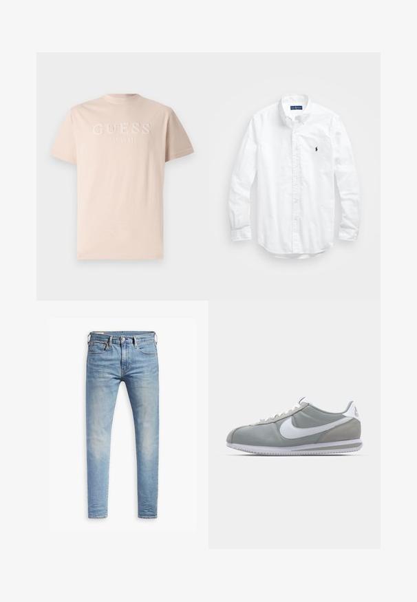 Svetlo roza bombažni majica s kratkimi rokavi, ki ima izšito "GUESS" logo in podrobnost "EST. 1981" na sprednji strani, z klasičnim okroglim ovratnikom.; Bela dolg rokav srajca s gumbi iz bombaža. Ima klasičen ovratnik, gumbnice na zapestjih in majhen temno moder vezen logotip na prsih.; Svetlo modri oprijeti džins s blagim bledenjem na stegnenicah, sprednji gumbasti zapenjač, zanke za pas in pet žepov na belem ozadju.; Sive tenisice za šport z zgornjim delom iz semiša in tekstila, belim Nike swooshom in belimi vezalkami. Imajo strukturirano gumijasto podplat in oblazinjen ovratnik.