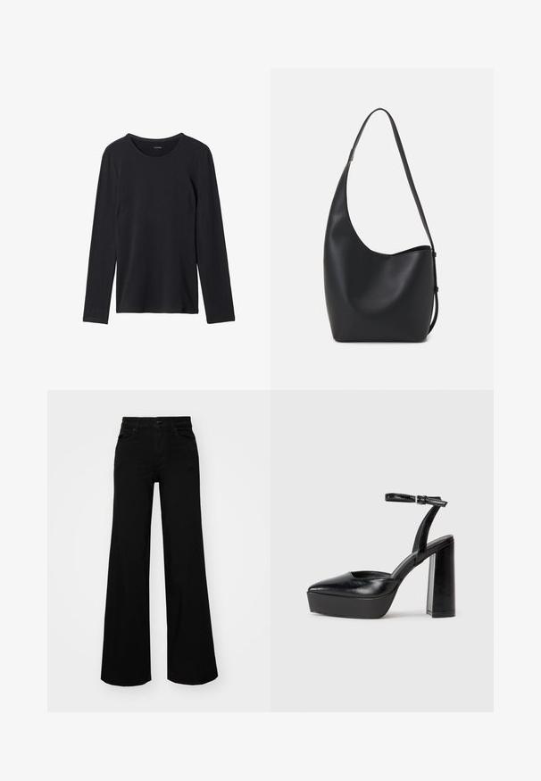 Camiseta negra de manga larga hecha de un tejido suave, con un cuello redondo, un diseño simple y sin patrones ni adornos visibles.; Pantalones de mezclilla de pierna ancha y color negro, con una cinturilla estructurada, pasadores para cinturón y bolsillos frontales. Textura suave con un diseño clásico.; Zapatos de tacón negro con punta afilada y correa ajustable en el tobillo. Confeccionados en cuero suave, presentan un tacón grueso.; Bolso tipo hobo de cuero negro con una textura suave, forma curvada y una sola correa ajustable; presenta una amplia apertura en la parte superior.