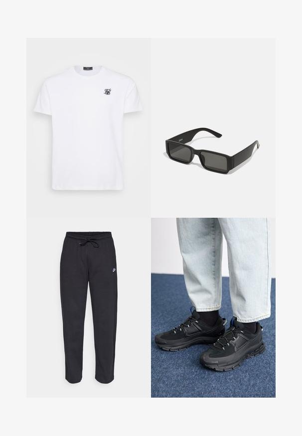 White cotton t-shirt with a crew neckline. Features a small black embroidered logo on the chest. Short sleeves and a straight fit.; Black sweatpants made of soft fabric with an elastic waistband, drawstring, and a small Nike logo on the left thigh.; Black athletic shoes with textured fabric and rubber soles, featuring elastic laces and a blue accent on the heel. Worn with light denim pants.; Black sunglasses with rectangular lenses, matte plastic frame, and straight edges. Features brand logo on the inner arm.