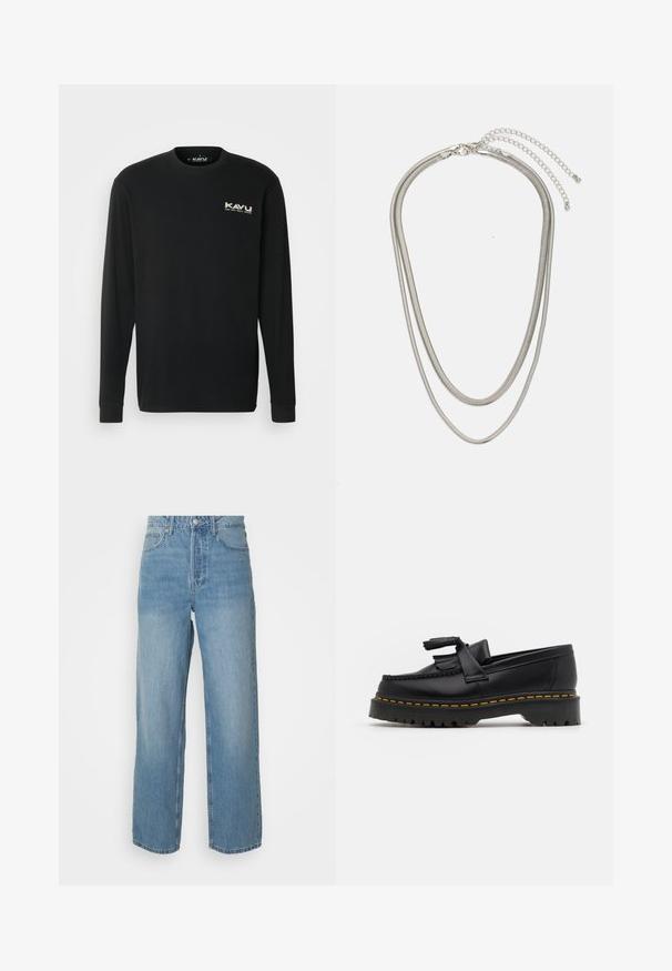 KAVU ETCH ART - Long sleeved top - black; High-waisted light blue denim jeans with straight legs, front button closure, and five-pocket styling on plain background.; Black leather loafer with a tasseled accent, featuring a chunky black sole and yellow stitching along the edge. Textured finish.; Three-layered silver metal necklace featuring sleek, flexible chains with a slight sheen, secured with a lobster clasp and adjustable chain.