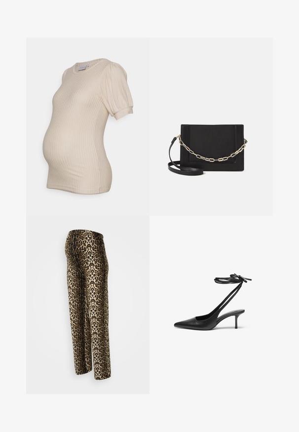 Beige maternity top with ribbed texture, short puff sleeves, and a round neckline, designed to accommodate a growing belly.; Leopard print pants, featuring a smooth texture, elastic waistband, and relaxed fit. Colors include beige, brown, and black.; Black leather stiletto shoe with a pointed toe, open back, and ankle straps tied in a bow. Slim 3-inch heel. Smooth texture, minimalist design.; Black leather crossbody bag featuring a smooth texture, rectangular shape, and a metallic chain detail on the front. Adjustable strap included.
