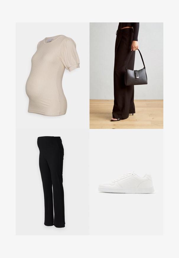 Beezvärvi rasedusbluus soonilise tekstuuriga, lühikeste puhv-sindlitega ja ümarate kaelustega, loodud kasvava kõhu mahutamiseks.; ONLY MATERNITY OLMHALLE - Püksid - black; Valged tossud, mis on valmistatud siledast sünteetilisest materjalist, ümarate varvastega, paeltesse sisestatav disain, tasasel tald ja peene perforatsiooniga detailid.; Must musta kott, millel on struktureeritud kuju, sile tekstuur ja metallist klamber. Kombineeritud laiate mustade pükstega ja avatud varvaste sandaalidega puidust põrandal.
