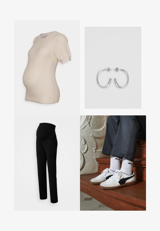 Bež majica za trudnice s rebrastom teksturom, kratkim puf rukavima i okruglim izrezom, osmišljena za prilagodbu rastućem trbuhu.; Trudničke hlače u crnoj boji, s rastezljivim pojasom za udobnost, bočnim džepovima, ravnim krojem i mekim materijalom.; Puma tenisice u bijelom i crnom nubuku, s smešnim gumastim potplatom. Uparene su s bijelim čarapama s crnim logom, nosene uz tamne hlače.; Srebrne naušnice u obliku obruča sa glatkom, sjajnom površinom, zakrivljenog oblika i zatvaranjem na čep. Minimalistički dizajn s modernim završetkom.