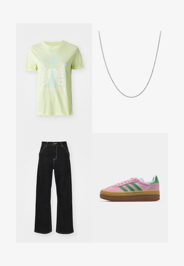 Lys grønn t-skjorte laget av bomull, med et blått palmetre-motiv og teksten "SOMMERDRØMMER", med rullede korte ermer.; Svarte vide jeans laget av denim, med kontrasterende hvite sømmer og en frontknapplukking, samt to skrå frontlommer.; Rosa semskede sneakers med grønne striper, hvite detaljer og en brun gummisåle. Har teksturert stoff og logodetaljer på siden.; Sølvkjede med en jevn, rund flat lenkedesign. Har en blank overflate og måler omtrent 50 cm i lengde.