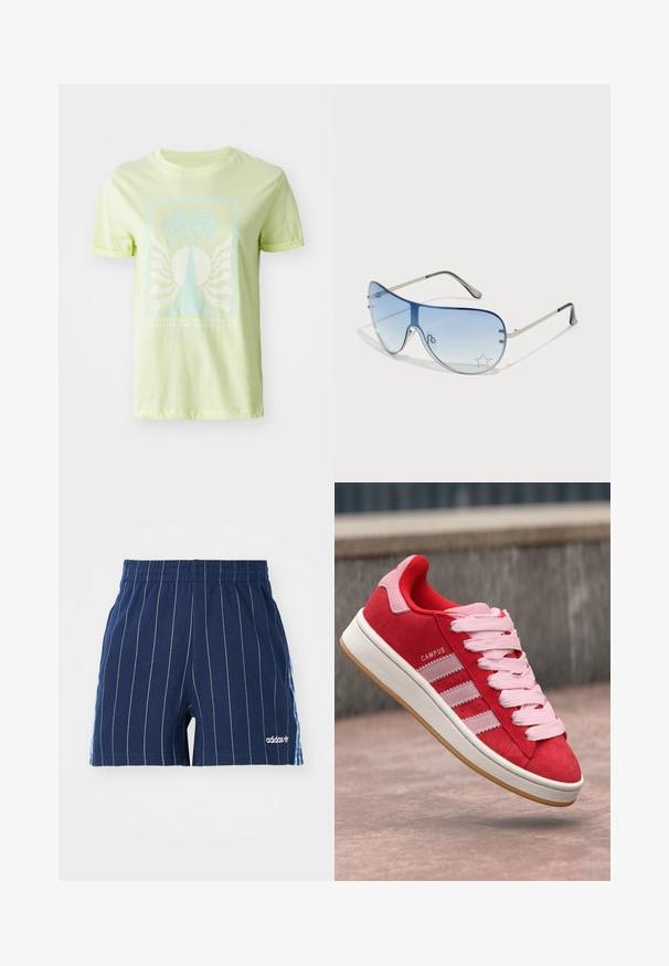 Světle zelené tričko vyrobené z bavlny, s modrou grafikou palmy a textem "LETNÍ SNY", s ohrnutými krátkými rukávy.; Námořnické modré šortky s bílými proužky, elastickým pasem a logem Adidas. Mají modré akcenty po stranách a jsou vyrobeny ze směsi bavlny.; Červené semišové tenisky s růžovými akcenty, se třemi bílými pruhy a světle růžovými tkaničkami. Bílé mezipodešve a podešev z gumy.; Pilotské sluneční brýle s modrými gradientními skly, stříbrným kovovým rámem a dekorativními hvězdnými akcenty na sklech. Hladký a elegantní design.