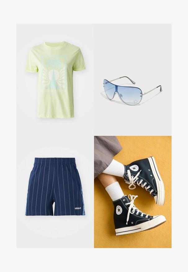 Light green t-shirt made of cotton, featuring a blue palm tree graphic and "SUMMER DREAMS" text, with rolled short sleeves.; Navy blue shorts with white pinstripes, elastic waistband, and Adidas logo. Features blue accents on the sides, made of cotton blend material.; Black high-top canvas sneakers with white laces and rubber soles, featuring a round Converse All Star logo on the outer side.; Aviator sunglasses featuring a gradient blue lens, silver metal frame, and decorative star accents on the lens. Smooth and sleek design.