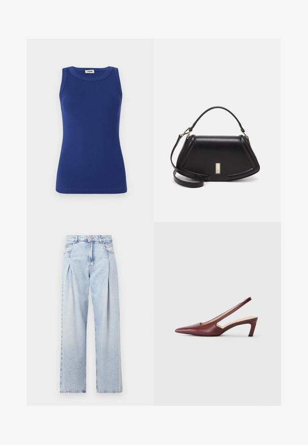 Blue ribbed tank top with a round neckline and no sleeves. Features a fitted silhouette and a smooth texture. Label on neckline.; Light blue denim jeans with a high waist, wide-leg cut, two side pockets, and pleated design feature. Soft texture with a faded finish.; Burgundy slingback heels with a pointed toe, cutout details on the side, and a mid-height block heel. Smooth leather finish.; Black leather handbag with a structured design, featuring a cropped shape, top handle, and gold hardware accent. Adjustable shoulder strap included.