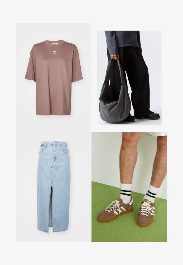 adidas Originals TEE - T-shirts - trace brown; Lys blå denimskjørt med en frontsplitt, beltehempem, og klassisk fem-lommers design. Glatt tekstur med en ren finish.; Brune mokkasko med hvite detaljer og snøring. Gummisåle. Brukt med hvite sokker med svarte striper. Grønn teksturert gulv.; Grå stoff skulderveske med en slouchy form, som har glatt tekstur og brede stropper. Vesken holdes av en person i mørke bukser.