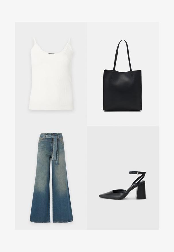 Hvit ribbestrikket camisole med justerbare spaghettistropper og blondedetalj ved halsen. Mykt, teksturert stoff med en tettsittende fasong.; Bredde ben jeans med en lyseblå til mørkeblå gradient, høyt liv, beltehemper og et matchende belte i samme stoff. Teksturert denimoverflate.; Svart lær pumps med spiss tå, ankelrem og kraftig hæl. Flat tekstur, strømlinjeformet design og minimalisme.; Svart lær tote bag med glatt tekstur, rektangulær form og to lange håndtak. Ingen synlige deler eller dekorasjoner.