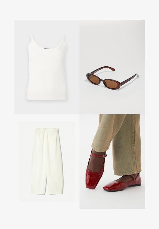 Weißes geripptes Camisole mit verstellbaren Spaghettiträgern und einer Spitzenborte am Ausschnitt. Weicher, strukturierter Stoff mit figurbetonter Passform.; Weite Hosen aus einem weichen Creme-Stoff, mit glatter Textur, seitlichen Taschen und einem lässigen Schnitt mit mittelhohem Bund.; Rote Lacklederschuhe mit quadrater Zehenform, niedrigem Absatz und Knöchelriemen, kombiniert mit hellgrünen weiten Jeans. Glatte Textur, reflektierende Oberfläche.; Runde, braun getönte Sonnenbrillen mit einem glänzenden burgunderfarbenen Rahmen. Schlanke Bügel mit dezentem Branding. Flaches Linsendesign.