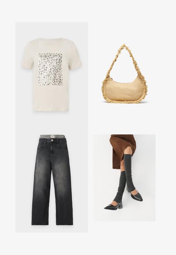 Beige short-sleeve t-shirt with a square silver animal print graphic in the center. Soft cotton material, classic crew neckline.; Black denim wide-leg jeans with a houndstooth patterned waistband. Features include front pockets and a button closure. Distressed texture.; Black patent leather pointed-toe shoes with a block heel and ankle strap, paired with gray ribbed leg warmers and a brown suede skirt.; Textured beige bag with a rounded shape, frayed trim along the edges, and a short strap for carrying. Zippered opening at the top.