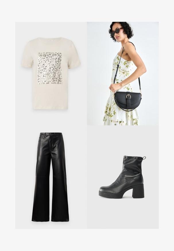 Bež majica s kratkimi rokavi z grafiko srebrnega živalskega odtisa v središču. Mehka bombažna tkanina, klasičen kroj s kratkimi rokavi.; Črne široke hlače iz umetnega usnja z visokim pasom, sprednjim gumbom, zadrgo, zanke za pas in stranskimi žepi na beli podlagi.; Črne gležnjarje iz gladke kože z božnim zadrgo, masivnim teksturiranim peto in zaobljeno obliko prstov.; Črna usnjena torbica s ukrivljeno obliko, z odstranljivo naramnico in zlatimi dodatki. Torbica ima pokrov s podrobnostmi v obliki zaponke.