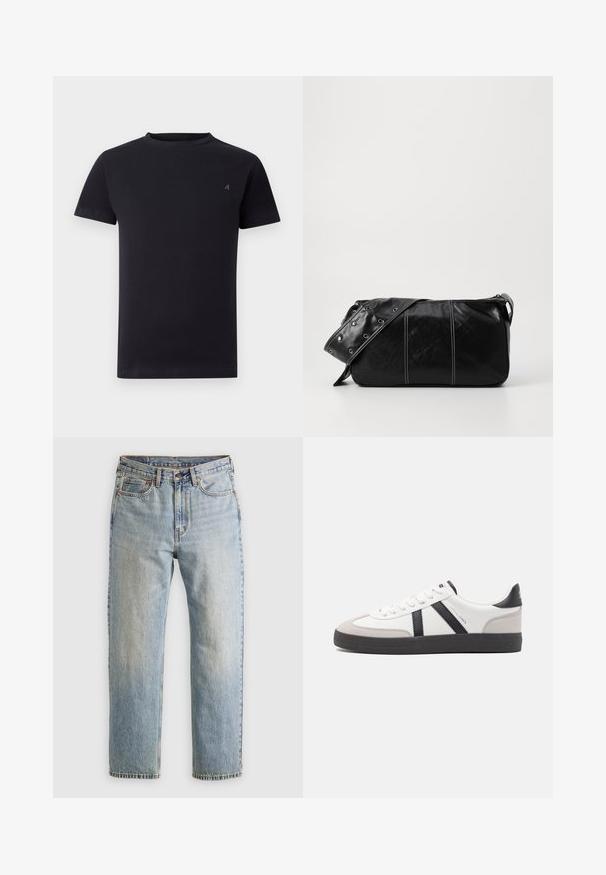 Juodas trumpas rankovėmis tiesaus kirpimo marškinėliai su mažinimu siuvinėtu logotipu kairėje krūtinės pusėje, paprastas dizainas, laisvas sijonas.; Šviesiai mėlynos džinsinės kelnės su aukštu liemeniu, priekyje mygtukas, užtrauktukas ir penkių kišenių dizainas, išklotos ant neutralios fono.; Balti sportbačiai su juodais ir pilkais akcentais, pasižymintys tekstūruotu pilku pirštų dangteliu, juoda gumine padais ir plokščiomis baltomis raišteliais. Švarus dizainas, minimalistinis stilius.; Juodas odinis pečių krepšys su užtrauktuku, turintis tekstūruotą paviršių, baltą siuvinėjimą ir dirželį su sidabinėmis metalinėmis detalėmis.