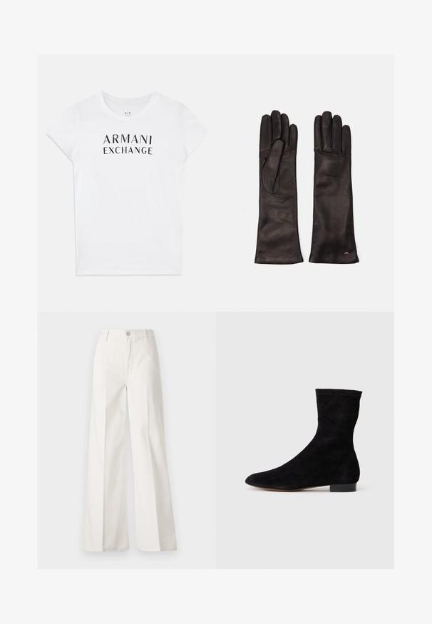 Biely bavlnený tričko s čiernym logom "ARMANI EXCHANGE" naprieč hruďou. Krátke rukávy a okrúhly výstrih. Hladká textúra.; Biele široké nohavice vyrobené z bavlny s hladkou textúrou. Obsahujú predný gombík, zips a dizajn so štyrmi vreckami.; Čierne semišové členkové topánky s priliehavým zvrškom, špicatou špičkou a nízkym blokovým opätkom. Hladká textúra a minimalistický dizajn, vhodné na všestranné kombinovanie.; Weekend Max Mara SENAPE - Rukavice - nero