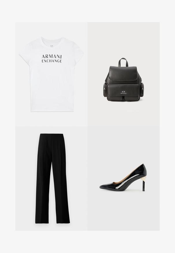Witte katoenen t-shirt met een zwart "ARMANI EXCHANGE" logo over de borst. Korte mouwen en een ronde hals. Fijne textuur.; Zwarte wijde broeken van gladde stof, met een platte tailleband en voorplooien voor een verfijnde uitstraling. Geen zichtbare hardware of patronen.; Zwarte lakleren hoge hak met een puntige neus en uitsnijdingen; voorzien van een stijlvolle gouden accent op de hak. Eenvoudig en elegant.; Zwarte leren rugzak met een klepsluiting, voorvak, zijvak met ritssluitingen en een handvat aan de bovenkant. Met logo-details aan de voorkant.