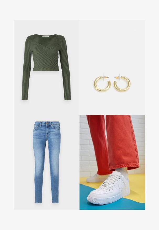 Top lung cu maneci lungi, de culoare verde măsliniu, cu un design înfășurat și decolteu pătrat, având o dantele orizontală și o croială cropped.; Cămașă din catifea cord cu culoarea marină, cu închidere butonată, guler și mâneci trei sferturi. Prezintă un tiv de tip peplum, strâns și o textură moale.; Jeansi din denim de culoare albastră deschisă, cu croială slim-fit, talie medie, închidere cu nasture frontal și design cu cinci buzunare.; Tenis alb din piele cu fanta pe vârful piciorului, talpă texturată și șireturi albe, purtat cu pantaloni larga roșii și un fundal albastru și galben.; Cercei cercuri din aur cu un finisaj neted și strălucitor. Design circular cu un mic suport și un spate transparent pentru o purtare sigură.