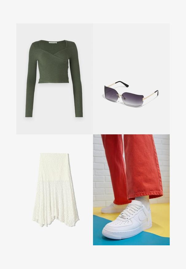 Top lungo a maniche lunghe verde oliva con design avvolgente e scollatura quadrata, caratterizzato da un motivo a righe orizzontali e una vestibilità cropped.; Gonna bianca in pizzo con un motivo testurizzato, caratterizzata da un orlo asimmetrico e una silhouette fluida, realizzata in tessuto leggero.; Sneaker bianco in pelle con punta perforata, suola testurizzata e lacci bianchi, abbinati a pantaloni rossi larghi e uno sfondo blu e giallo.; Occhiali da sole con lenti a gradiente grigio, montatura in metallo dorato e dettagli in plastica nera. Lenti a forma di farfalla uniche con stanghette sottili.; Orecchini a cerchio in oro con una finitura liscia e lucida. Design circolare con un piccolo perno e una chiusura trasparente per un indosso sicuro.