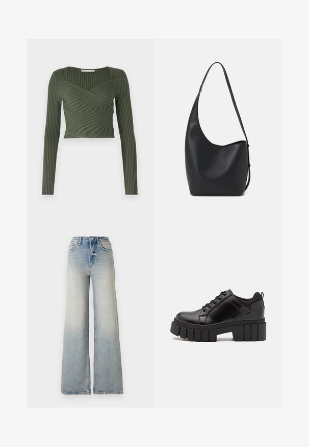 Olivroheline soonikkaga pikakäeline top, millel on kätkene disain ja ruudukujuline kaelus, sisaldades horisontaalset soonikut ja lühikest sobivust.; Heledad sinine laia säärega teksapüksid, mis on valmistatud denimist, kõrge vöökoht, viis taskut ja nähtav õmblemine õmbluste ääres.; Must musta platvormsussid paksu plokkninal, ümmarguse varbaga ja traditsioonilise nööridega kinnitamisega. Sussid on sileda tekstuuriga ja minimaalsete detailidega.; Mustast nahast hobo kott, millel on sile tekstuur, kumer kuju ja üks reguleeritav rihm; peal on lai avaus.