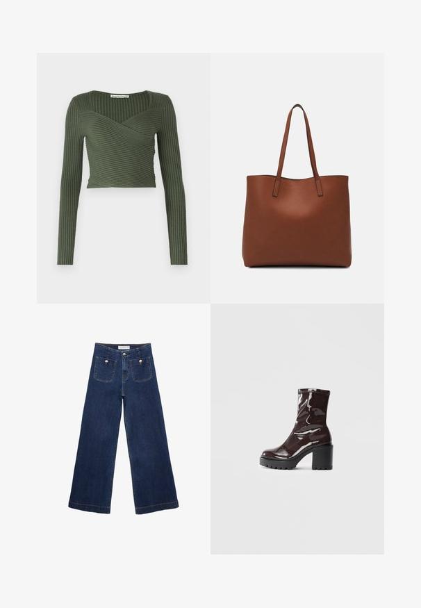 Haut à manches longues côtelé vert olive avec un design croisé et un col carré, présentant des côtes horizontales et une coupe courte.; Jean large bleu foncé en denim, avec deux poches avant ornées de boutons décoratifs et un ourlet droit.; Bottines bordeaux brillantes à talon épais noir, avec une texture lisse et un design simple. Aucune fermeture visible ni motifs.; Sac fourre-tout en cuir marron avec une texture lisse, design à ouverture supérieure et deux poignées pour le porter à l'épaule. Présente des coutures minimales et aucun matériel visible.