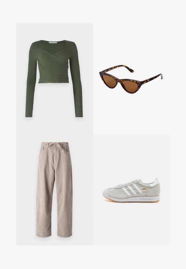 Olijfgroen geribbeld langemouwen top met een wikkeldesign en vierkante halslijn, met horizontale ribbels en een cropped pasvorm.; Beige corduroybroek met een losse pasvorm, voorzien van een tailleband met trekkoord, twee voortassen en een verticale ribbelstructuur.; Lichtgrijze sneaker van suede en mesh, met drie witte strepen, ronde neus en een gumrubberen zool. Gouden logo-accent bij de veters.; Cat-eye zonnebril met een zwart en oranje schildpadframe, bruine lenzen en slanke, puntige uiteinden. Bevat een minimalistisch logo op de poot.; Gouden creolen met een gladde, glanzende afwerking. Circulaire vormgeving met een kleine post en een doorzichtige achterkant voor een veilige draagervaring.