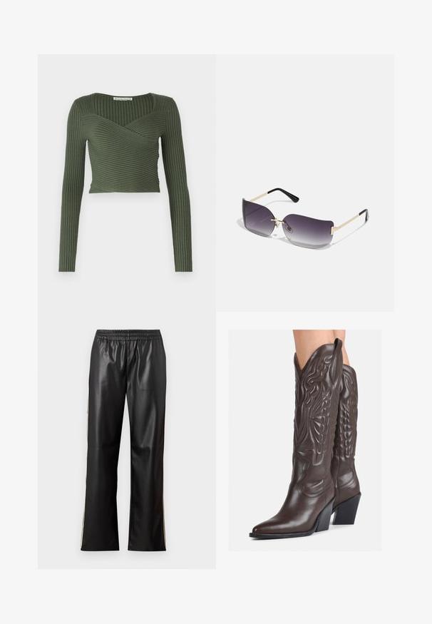 Top de manga larga acanalado de color verde oliva con diseño cruzado y escote cuadrado, que presenta un canalé horizontal y un ajuste corto.; Pantalones de imitación de cuero negros con una cintura elástica, diseño de pierna recta y rayas laterales en contraste. Textura suave y estilo minimalista.; Botas de vaquero de cuero marrón con punta afilada y tacón cuadrado, que presentan costuras detalladas y acentos elevados en el caño.; Gafas de sol con lentes de graduación gris, montura metálica dorada y acentos de plástico negro. Lentes con una forma de mariposa única y varillas delgadas.; Aretes de aro de oro con un acabado suave y brillante. Diseño circular que presenta un pequeño post y un respaldo transparente para un uso seguro.