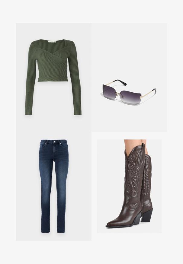 Top lungo a maniche lunghe verde oliva con design avvolgente e scollatura quadrata, caratterizzato da un motivo a righe orizzontali e una vestibilità cropped.; Jeans skinny blu scuro in denim, caratterizzati da un classico design a cinque tasche, chiusura con bottone e leggere sfumature sulle cosce.; Stivali da cowboy in pelle marrone con punta affusolata e tacco a blocco, caratterizzati da dettagliati ricami e accenti rialzati sul gambale.; Occhiali da sole con lenti a gradiente grigio, montatura in metallo dorato e dettagli in plastica nera. Lenti a forma di farfalla uniche con stanghette sottili.; Borsa a mano in pelle nera con patta e dettaglio in metallo dorato. Include una tracolla nera e un design elegante e minimalista.; Orecchini a cerchio in argento con un design minimalista. Forma circolare, superficie liscia e profilo sottile. Leggeri con una finitura lucida.