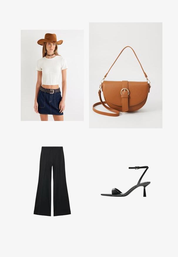 Witte crop top met korte mouwen, denim rok in donkerblauw, grijze riem, bruine vilten hoed en een choker met turquoise accenten.; Zwarte wijde-pijpen broek met een gladde textuur, gekenmerkt door voorplooien en een op maat gemaakte uitstraling. De stof is lichtgewicht en vloeiend.; Bershka Sandalen met hoge hak - black; Bruine leren schoudertas met een gebogen vorm, gouden hardware en een gespaccent. Bevat een afneembare schouderriem.