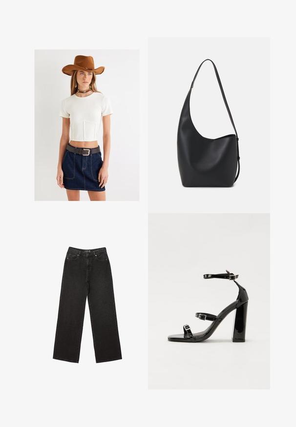 Weißes cropped Top mit kurzen Ärmeln, Jeansrock in Dunkelblau, grauer Gürtel, brauner Filzhut und eine Choker-Halskette mit Türkisakzenten.; Schwarze weit geschnittene Jeans aus Denim, mit kleinen gepunkteten Mustern, klassischem Fünf-Taschen-Design und einem Knopf- und Reißverschluss.; Schwarze patentierte Sandalen mit Absatz, quadratischer Spitze, Knöchelriemen und silbernen Schnallen. Mit einem stabilen Blockabsatz für mehr Stabilität.; Schwarze Leder-Hobo-Tasche mit einer glatten Textur, geschwungener Form und einem einzelnen verstellbaren Tragegurt; verfügt über eine weite Öffnung am oberen Ende.