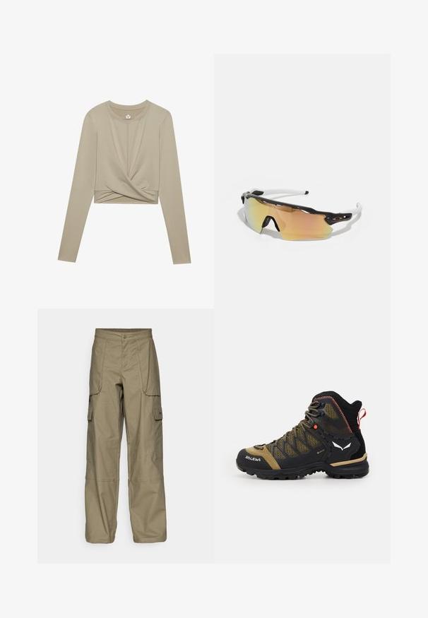 Heledbeige pikae särgiga lühike top, millel on keerutatud esiosa disain, valmistatud siledast kangast. Omab ümmargust kaelust ja sobivaid varrukaid.; Oliivrohelised cargo-püksid, millel on lõdvestatud istuvus, mitmed küljetaskud ja nööbiga sulgemine vööl. Sile tekstuur.; Keskmise kõrgusega matkasaapad mustas ja oliivrohelises, millel on võrkkangas, kummist talla ja tekstuuriga aksessuaarid tagaküljel tõmbluku jaoks.; Mustkristallidega prillid musta ja valge raamiga, suured peegeldavad läätsed kuldse ja roosa varjundiga, aerodünaamiline disain ja pikendatud välimine äär.