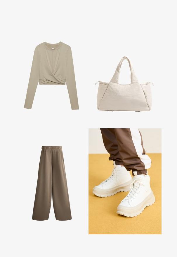Világos bézs, hosszú ujjú, crop top, csavart elülső dizájnnal, sima anyagból készült. Kerek nyakkivágással és testhez álló ujjaival rendelkezik.; Barna, széles szárú nadrág, elasztikus derékkal, sima anyagból készült, oldalsó zsebekkel és egyenes, laza szabással.; Fehér, magasszárú sportcipők, vastag, texturált talppal, sima bőr felsőrésszel, kerek orral és azonos színű fűzőkkel, sárga háttér előtt.; Bézs színű, steppelt táska két füllel, kerek alakú, texturált anyagból készült, és egy zsinóros oldalzsebbel rendelkezik. Simább felület és minimalista dizájn jellemzi.
