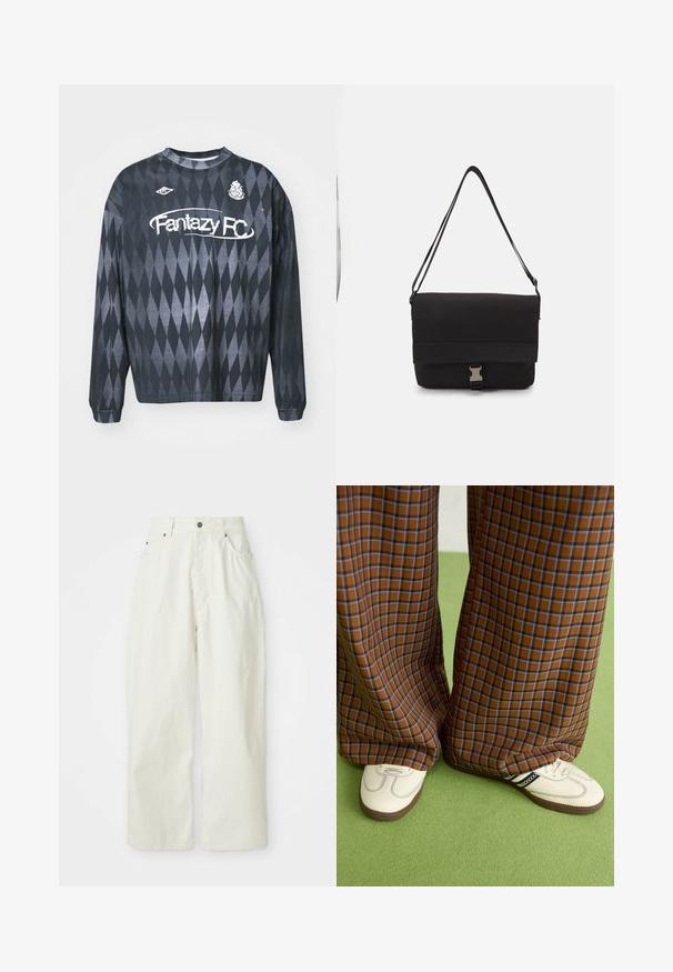 Dolgi rokavi, črna pletena majica s sprijetim vzorcem, s tekstom "Fantazy FC" v beli barvi in majhnim logotipom na zgornji levi strani.; Beli široke hlače iz bombaža v beli barvi, z visokim pasom, petimi žepi in kovinsko zaponko. Gladka tekstura z minimalističnim dizajnom.; Rjave in modre kariraste hlače širokih nogavic, v kombinaciji z belimi čevlji, ki imajo črne poudarke in teksturirane podplate, na zeleni podlagi.; Črna torba za sporočila iz gladkega materiala, z zložljivim pokrovom, srebrno sponko in nastavljivim naramnim trakom.