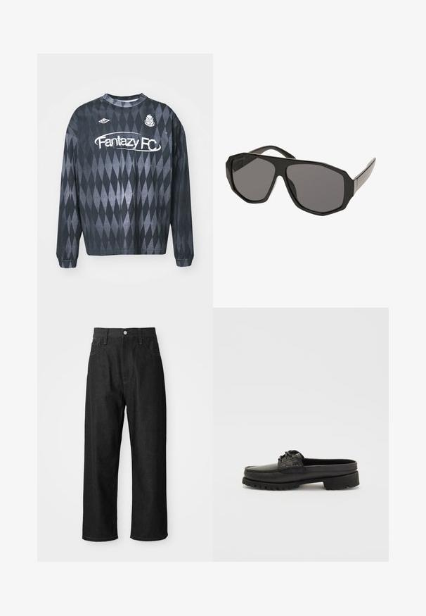 Dugi rukav, crni pleteni dukserica s dijamantnim uzorkom, s natpisom "Fantazy FC" u bijelom tekstu i malim logotipom na gornjem lijevom dijelu.; Crne traperice s opuštenim krojem, visokim strukom, zatvorenjem na zip, i dizajnom s pet džepova. Vidljivi šavovi naglašavaju cijelu odjeću.; Crne kožne cipele bez vezivanja s detaljima od čipke, zaobljenog vrha i teksturiranom potplatu. Imaju lagano povišeni potplat i glatku završnu obradu.; Crne široke sunčane naočale s osmerokutnim okvirom, sivi leće, i glatke plastične ručke. Metalni detalji blizu šarki.