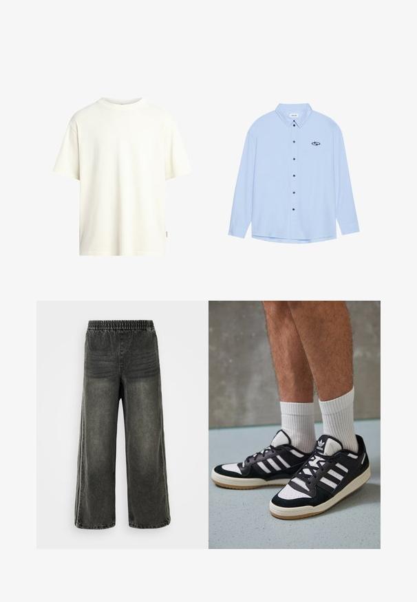 Lühikeste varrukatega ümar kaelusega t-särk heleses toonis, valmistatud pehmest puuvillast, sirge lõike ja minimalistliku disainiga, ilma mustriteta.; Hele sinine nööbid-särk, mis on valmistatud siledast kangast. Omab kraed, pikki varrukaid, musti nööpe ja väikest musta logo vasakul rindkere piirkonnas.; Mustmust värvi denim püksid elastse vöökoha ja laiade jalgadega, millel on külgedel peened vertikaalsed õmblusdetailid.; Mustvalged ja valged spordijalatsid, mille pealmine osa on valmistatud suede'ist ja nahast. Kingadel on kolm valget riba, auguline varvas ja kummist tald.