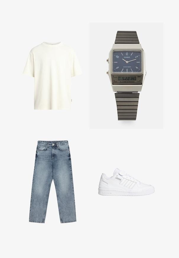 Koszulka z krótkim rękawem, okrągłym dekoltem w kolorze off-white, wykonana z miękkiej bawełny, o prostym kroju i minimalistycznym designie bez wzorów.; Jasnoniebieskie dżinsy z prostymi nogawkami, widocznym przeszyciem, pięcioma kieszeniami oraz zapięciem na guzik w talii.; Białe sportowe sneakersy z gładką skórzaną cholewką, perforowanym czubkiem, trzema paskami dekoracyjnymi i zapięciem na rzep. Gumowa podeszwa z detalem marki.; Zegarek cyfrowy Casio z niebieską tarczą, srebrną kopertą i dwupowłokowym czarnym paskiem gumowym. Wyświetla godzinę oraz ustawienia alarmu. Wodoszczelny.
