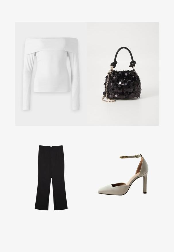 Biela off-shoulder blúzka s dlhým rukávom vyrobená z jemnej bavlny. Má priliehavý strih a hladkú textúru s čistým dizajnom.; Čierne nohavice so strihom rovného strihu, s prednými vreckami a bočnými rozparkami na leme. Vyrobené z mäkkej, hladkej tkaniny. Vhodné na rôzne príležitosti.; Svetlošedá vysoká topánka na podpätku s špicatou špičkou, otvoreným dizajnom v oblasti nártov, remienkom okolo členku a zlatým reťazovým akcentom. Hladká kožená textura.; Čierna mini kabelka so štrasom, s uzlovým textúrovaným popruhom a strieborným reťazom. Guľatý tvar s riaseným vrchom a reflexnými detailmi.; Kovový prsten s lešteným strieborným povrchom, ktorý obsahuje tri prepletajúce sa zakrivené sekcie vytvárajúce hladký, súdržný dizajn.